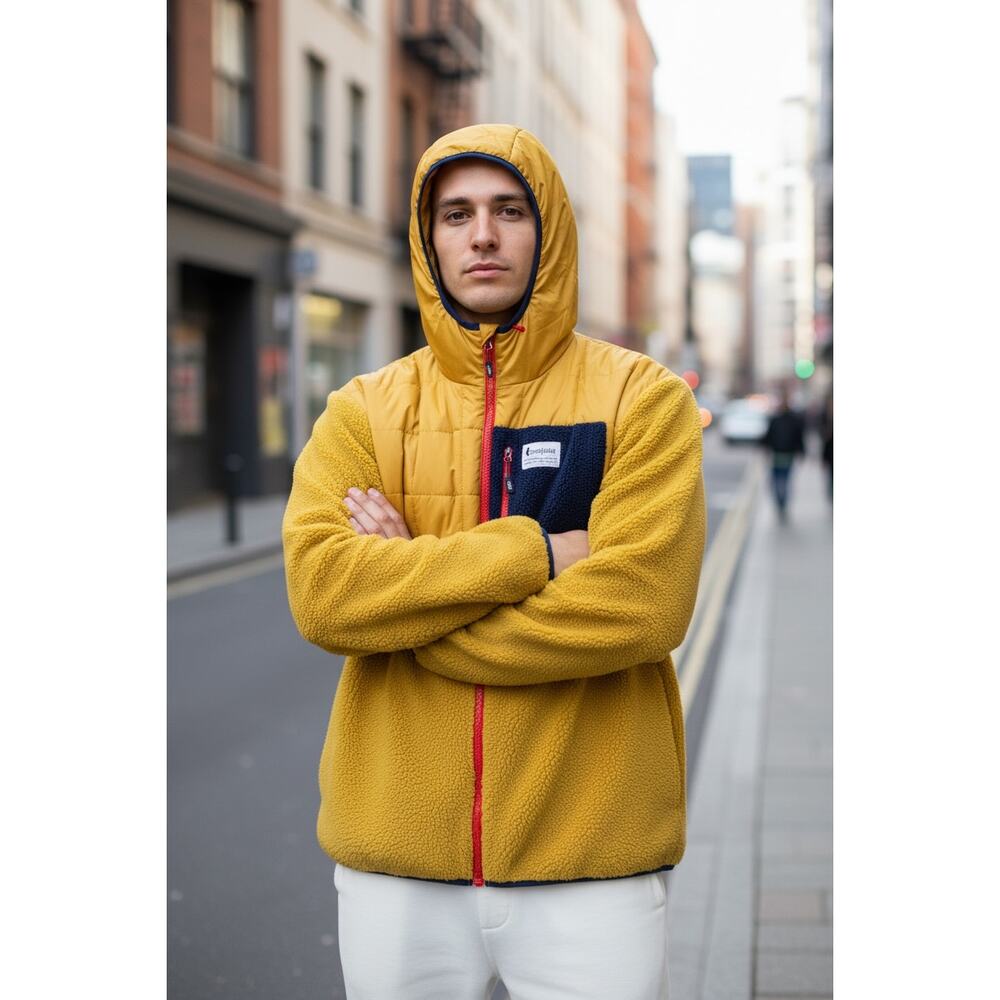 Cotopaxi Yellow Hooded Jacket with Red Accents